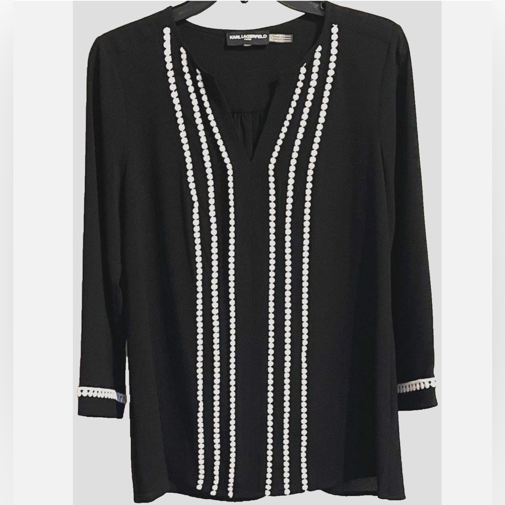 Karl Lagerfeld Paris Black Embellished Tunic Top Women’s Small Boho Chic